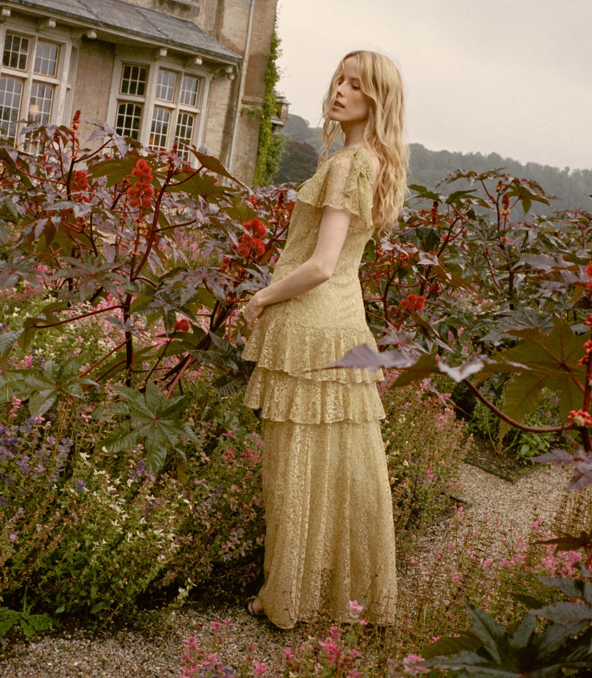 GARBO DRESS -- BURNISHED GOLD LACE