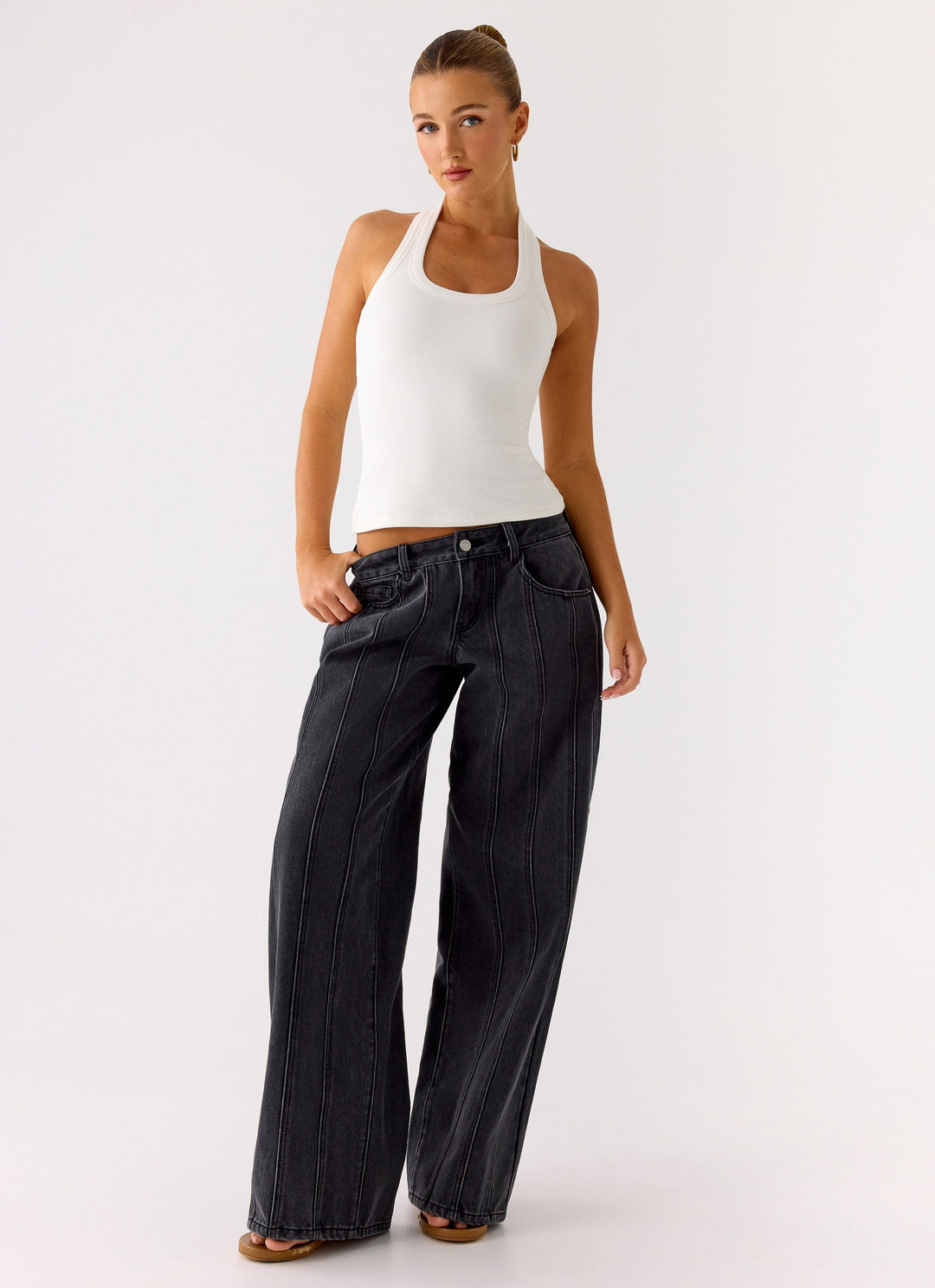 Johnny Low Rise Wide Leg Denim Jeans - Grey Charcoal