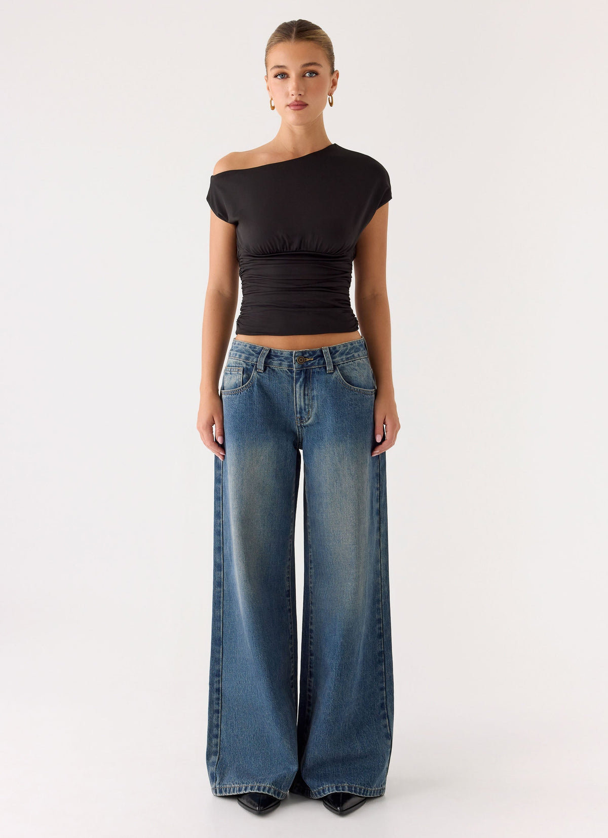 Neo Low Rise Wide Leg Denim Jeans - Vintage Blue Bleach Wash